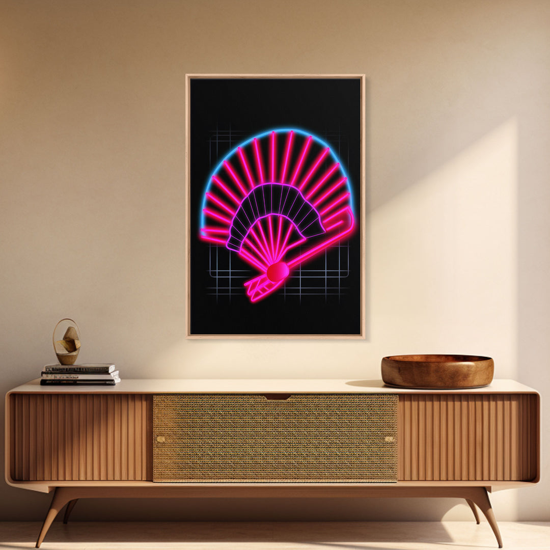 Neon Lights Folding Fan Wall Art, Line Art Print, Pink, Glowing Art, Minimalist Print, Wall Decor, Canvas Print, Wall Art, Framed Canvas