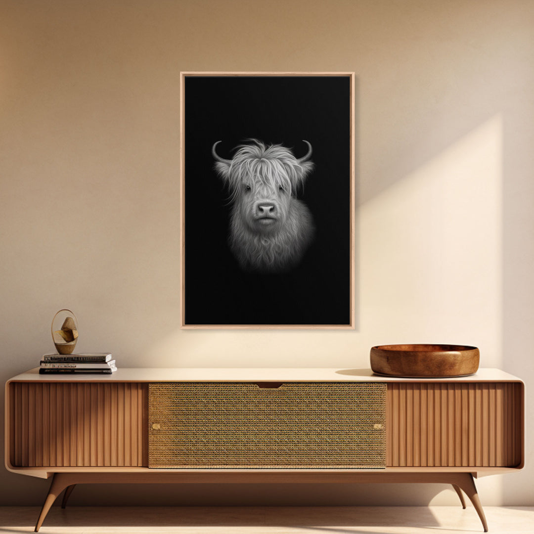 Highland Cow Art Print, Black And White, Animal Wall Decor, Minimalist Art, Wall Decor, Canvas Art, Wall Art, Framed Canvas Wall Decor