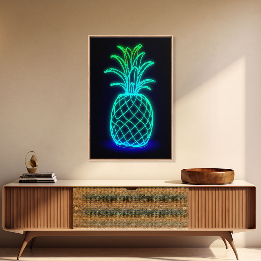 Green Neon Lights Pineapple Wall Decor, Fruit Art, Kitchen Wall Art, Minimalist Print, Wall Decor, Canvas Print, Wall Art, Framed Canvas
