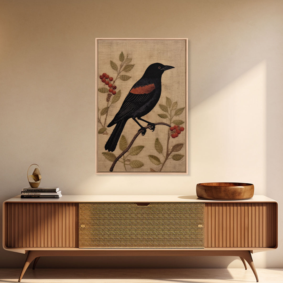 Raven Print, Antique Bird Painting Print, Vintage Drawing Framed Canvas Print Wall Art, Black Raven, bird nature print, bird lovers gift