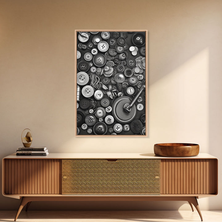 Buttons Wall Decor, Sewing Room, Craft Room, Black And White, Minimalist Print, Wall Decor, Canvas Print, Wall Art, Framed Canvas