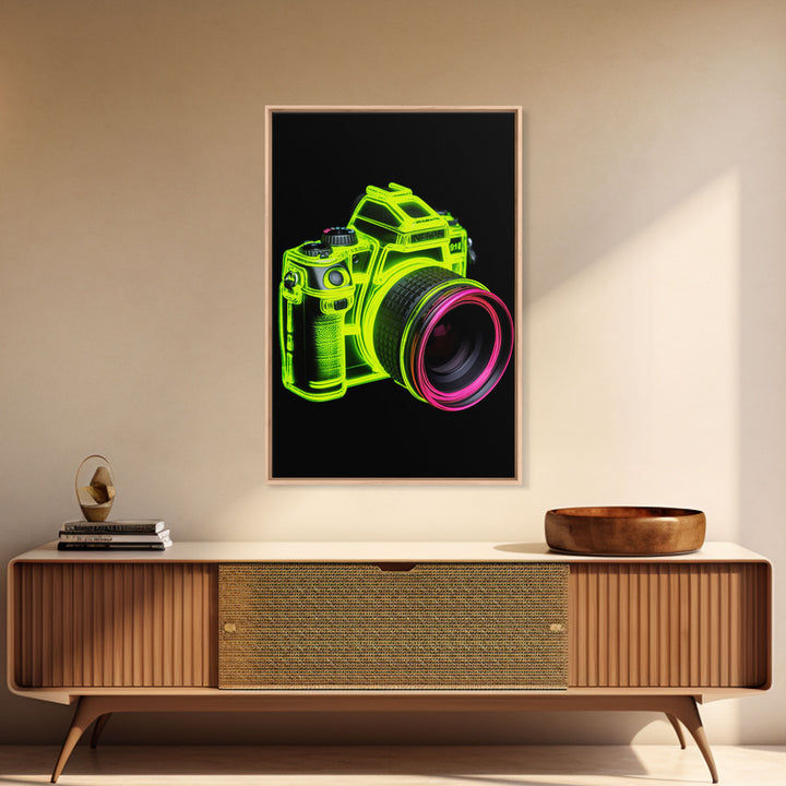 Neon Green Camera Wall Art, Neon Wall Decor, Photography Art,  Minimalist Print, Wall Decor, Canvas Print, Wall Art, Framed Canvas