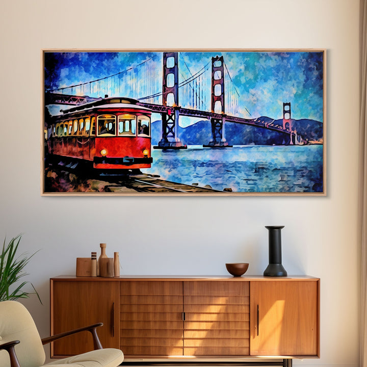 Watercolor Golden Gate Bridge Wall Art, Cable Car, San Francisco, Panoramic Wall Decor, Canvas Print, Wall Art, Framed Canvas Art