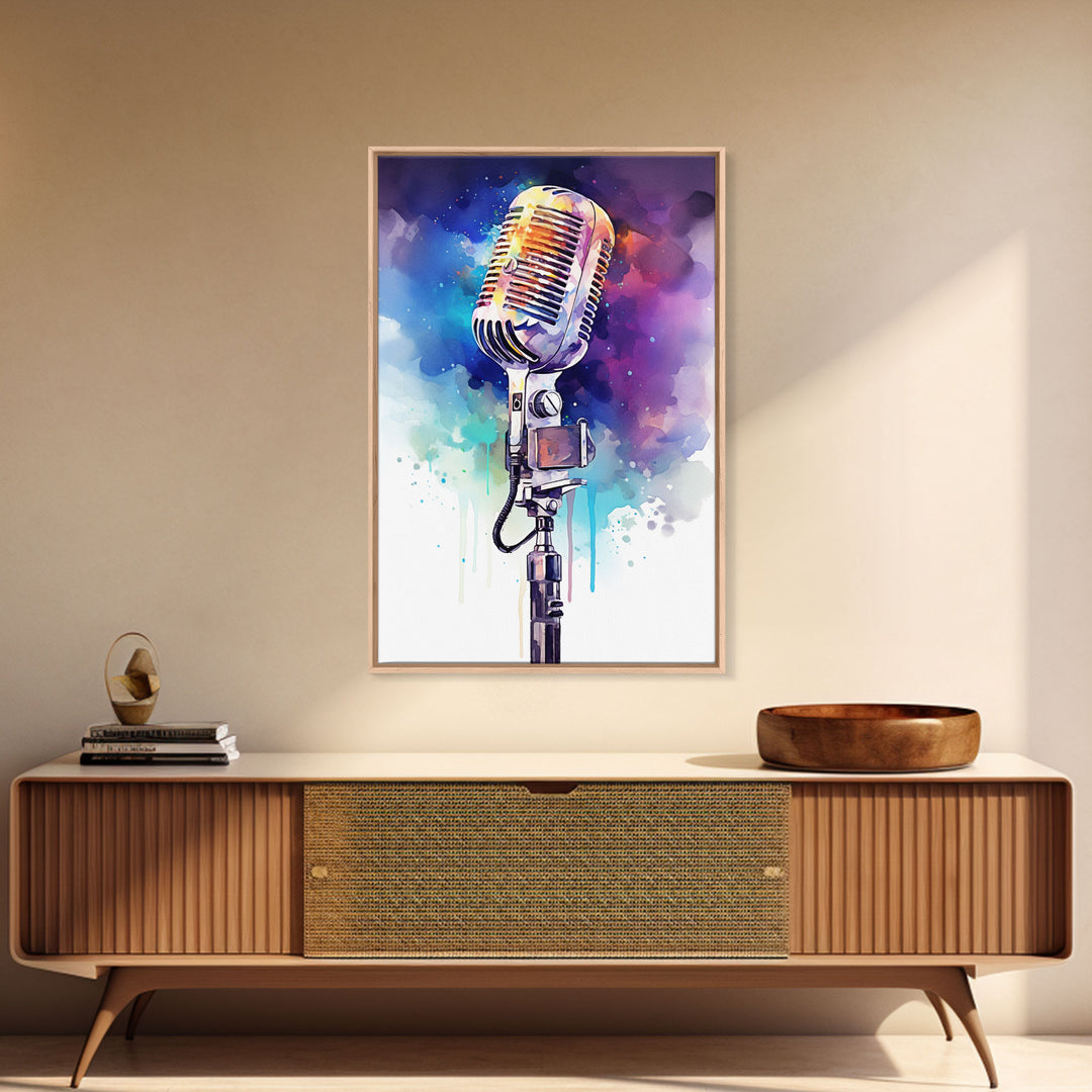 Neon Graffiti Splatter Paint Microphone Art, Vintage Microphone Painting Framed Canvas Print, Studio Wall Art, Music Studio Decor