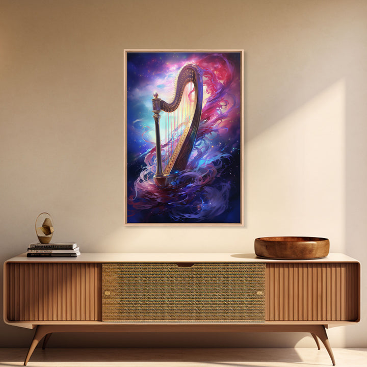 Heavenly Harp Among The Stars, Harp Art, Harp Print, Framed Canvas Art, Harp Wall Decor, Music Gift