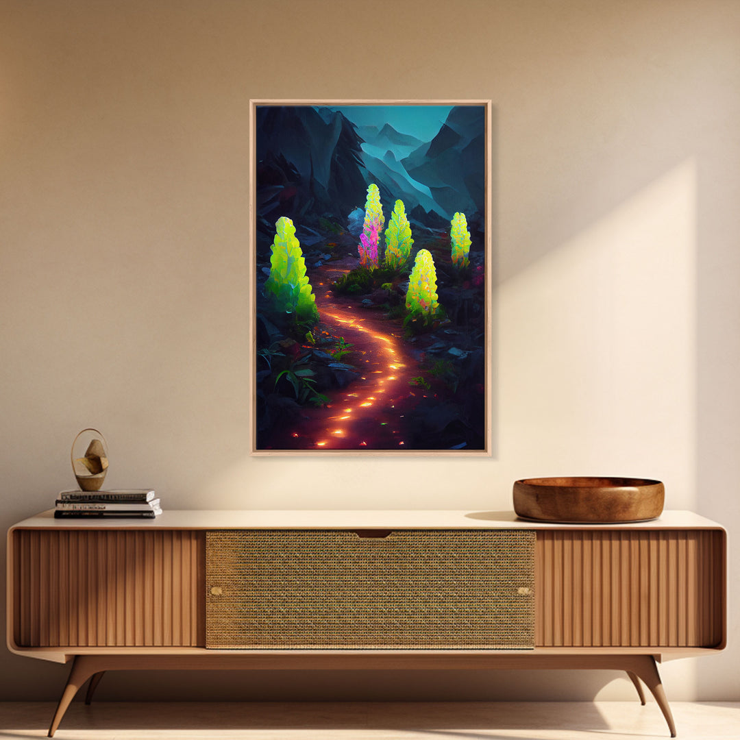 Magical forest canvas print, glowing mushroom art, fantasy forest wall art, gloomy dark home decor, luminescent forest trail wall art