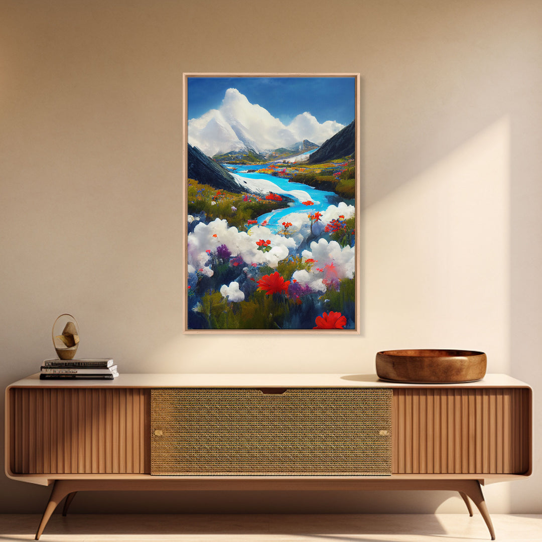 Colorful fields of flowers in the Swiss alps, framed canvas art, canvas print, beautiful wall decor