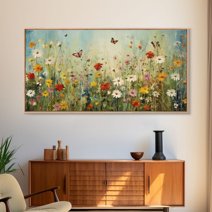 Butterfly Art, Wildflowers Print, Framed Canvas Print, Beautiful Watercolor Painting, Abova Sofa Decor, Minimalist Wall Art, Modern Decor