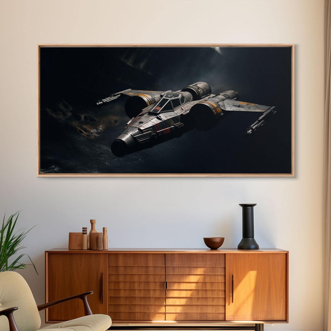 The Star Fighter, Cool Scifi Wall Art, Scifi Art, Framed Canvas Print, Gull Wing Space Ship, Unique Art, Alien Wall Art, Space Ship Art