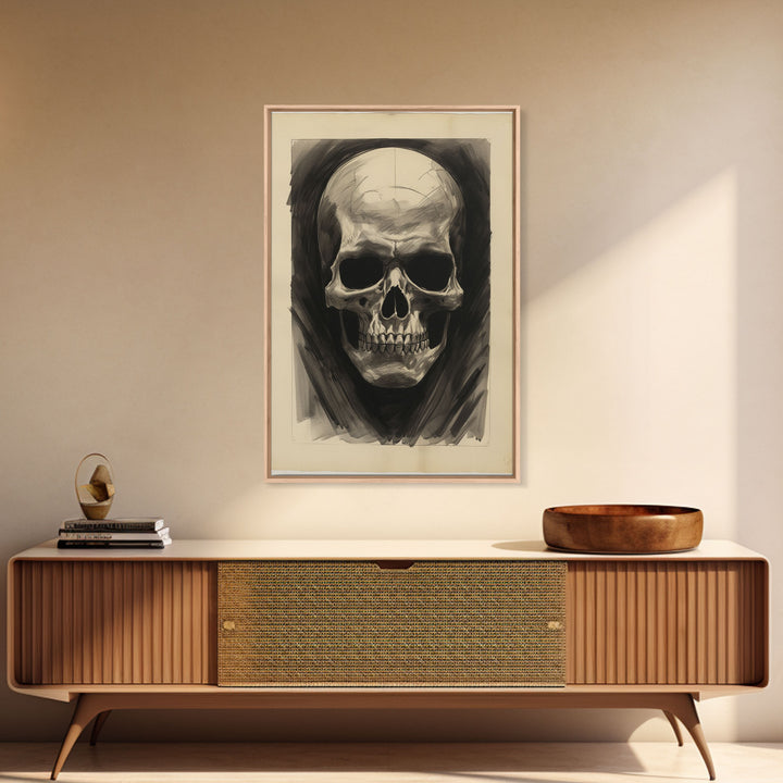 Charcoal Drawing, Human Skull, Gothic Art Print, Spooky Decor, Canvas Print, Wall Art, Vertical Art, Gaming Wall Decor, Office Wall Decor