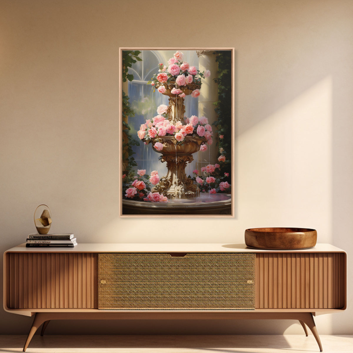 Fountain Wall Print, Pink Roses Wall Art, Flower Art Print, Canvas Print, Wall Art, Vertical Print, Botanical Art, Country Home Decor