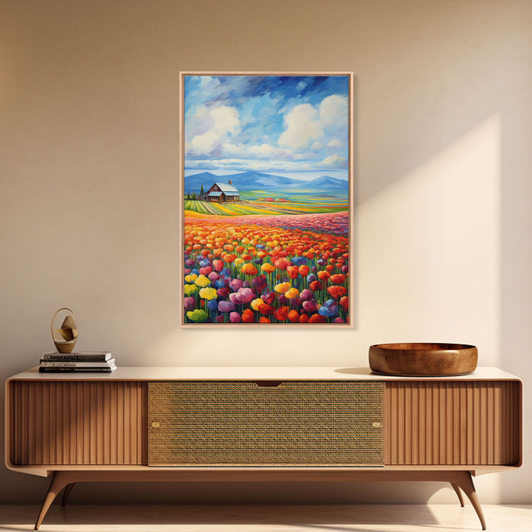 Flower Farm Wall Art, Tulip Field, Countryside Wall Print, Canvas Print, Wall Art, Vertical Art, Gifts For Grandma, Tiny House Decor