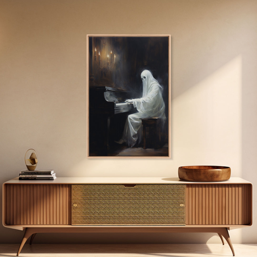 Spooky White Ghost Playing A Piano, Gothic Victorian Halloween Art, Halloween Decoration / Wall Art, Skeleton Art, Gothic Oil Painting