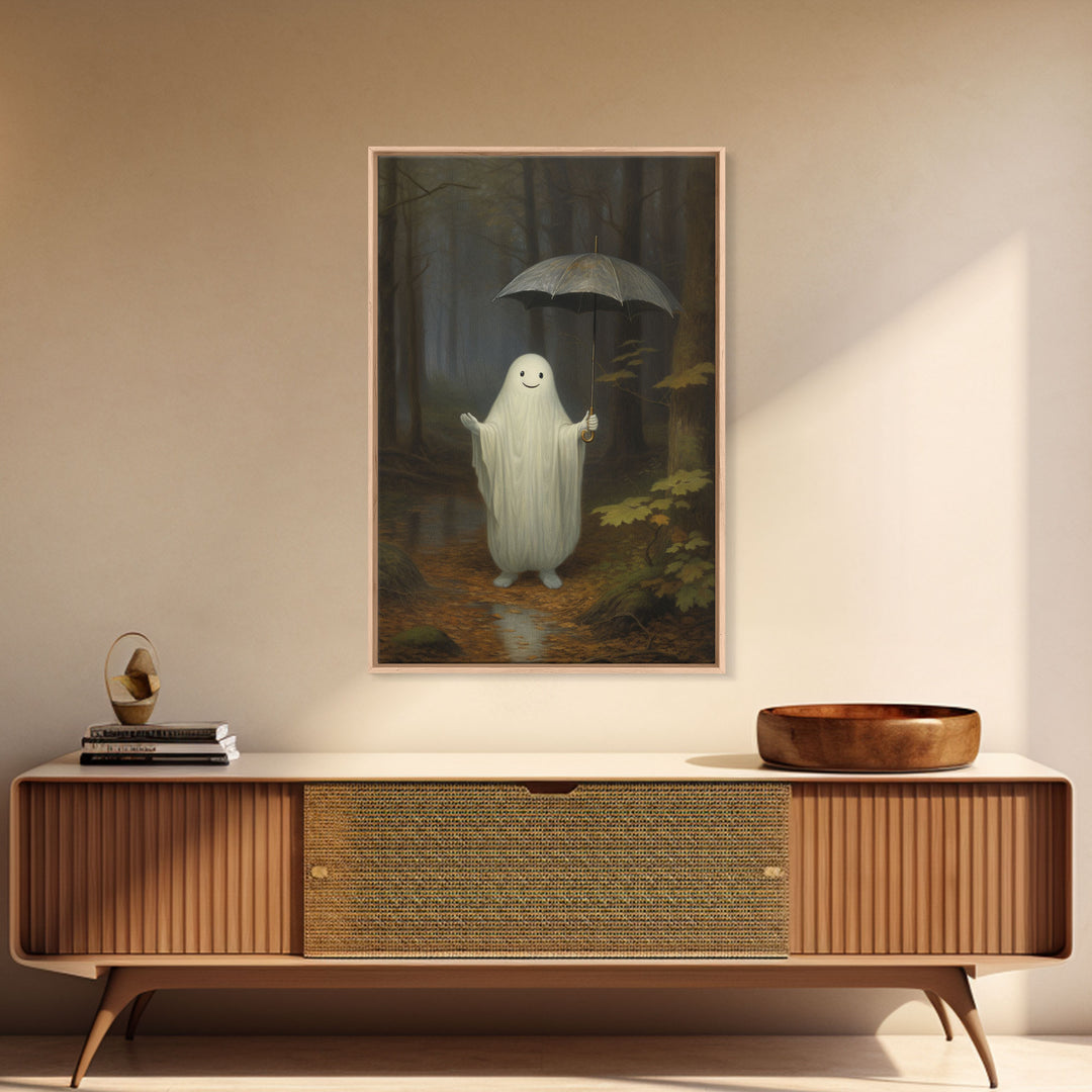 Goofy Ghost In The Rain,  Vintage Halloween Canvas, Framed Canvas Print, Cute Wall Art, Who's Haunting Who?