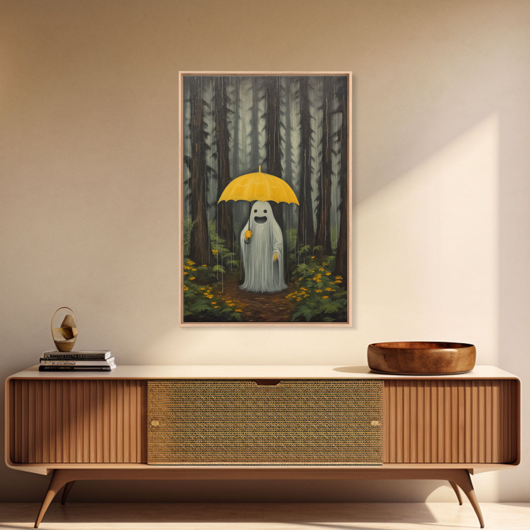 Happy Ghost In The Rain,  Vintage Halloween Canvas, Framed Canvas Print, Cute Wall Art, Who's Haunting Who?