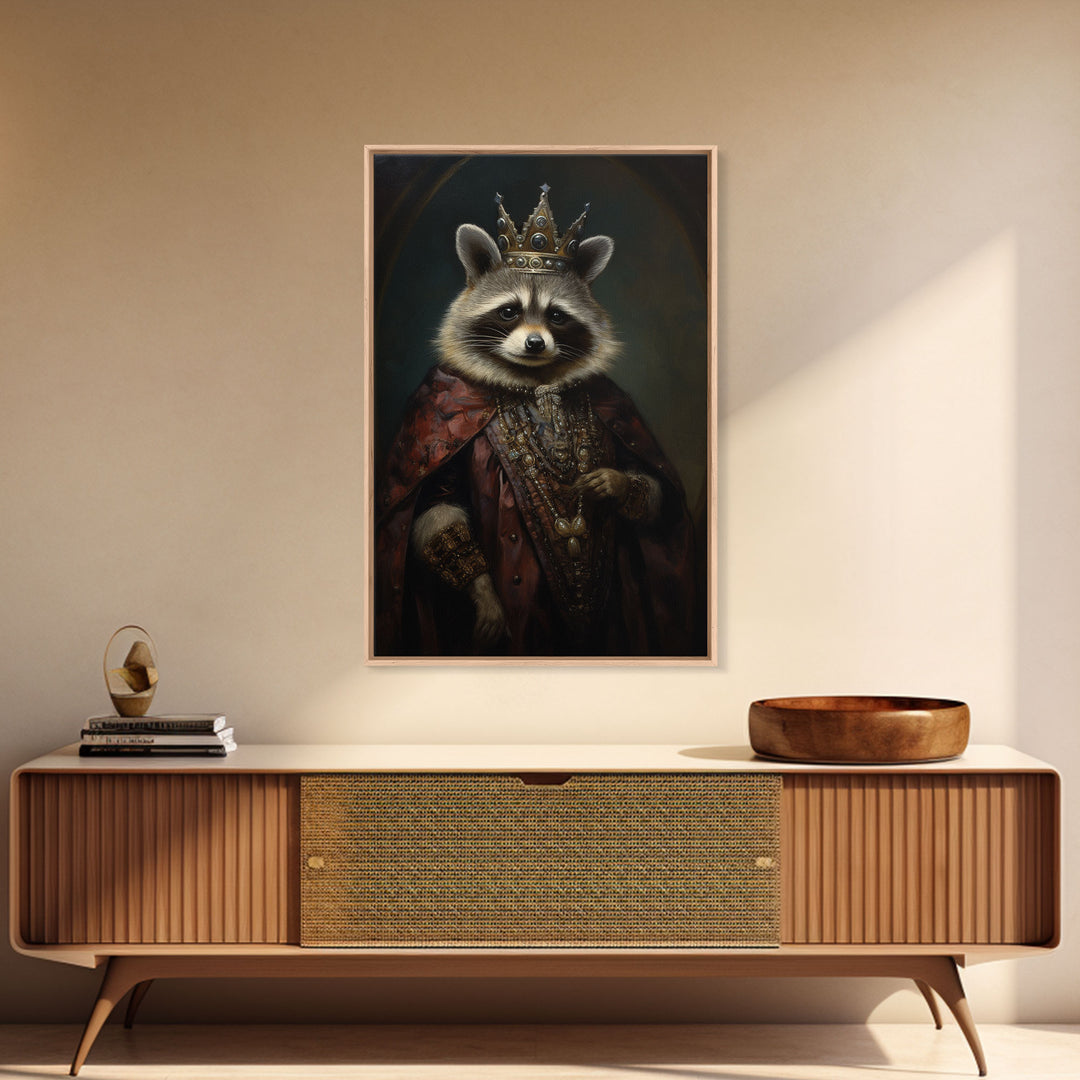 The Raccoon King, Framed Canvas Print Or Canvas, Victorian Animal Print Oil Painting, Funny Halloween Decor