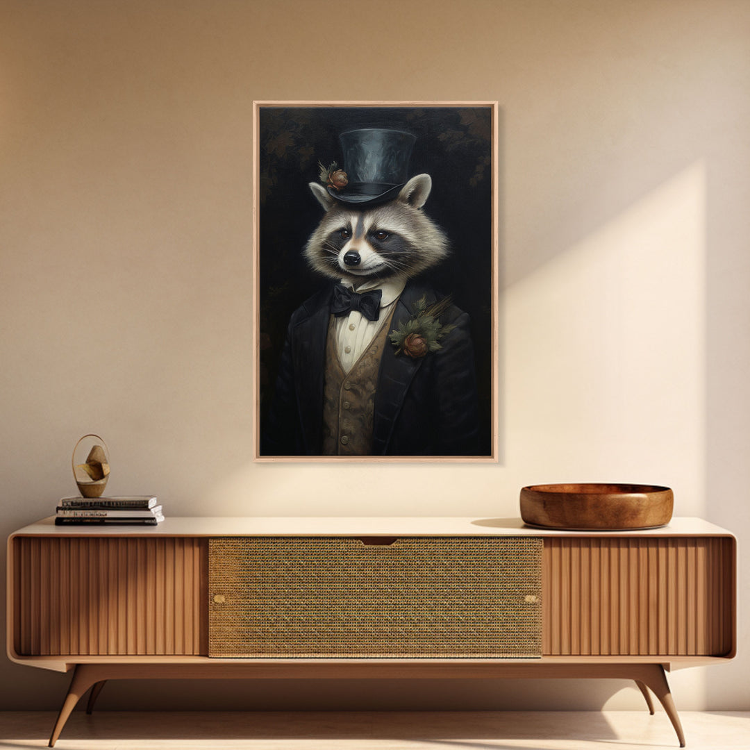 Distinguished Dapper Gentleman Raccoon, Funny Animal Prints, Humorous Art, Framed Canvas, Wall Art, Canvas Print, Funny Halloween Decor