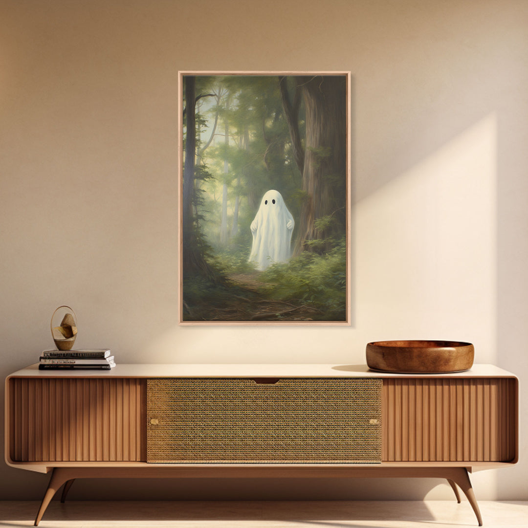 Cute Little Ghost In The Forest, Gothic Victorian Haunted Art, Dark Academia, Framed Canvas or Canvas Art, Cool Wall Art, Halloween Decor