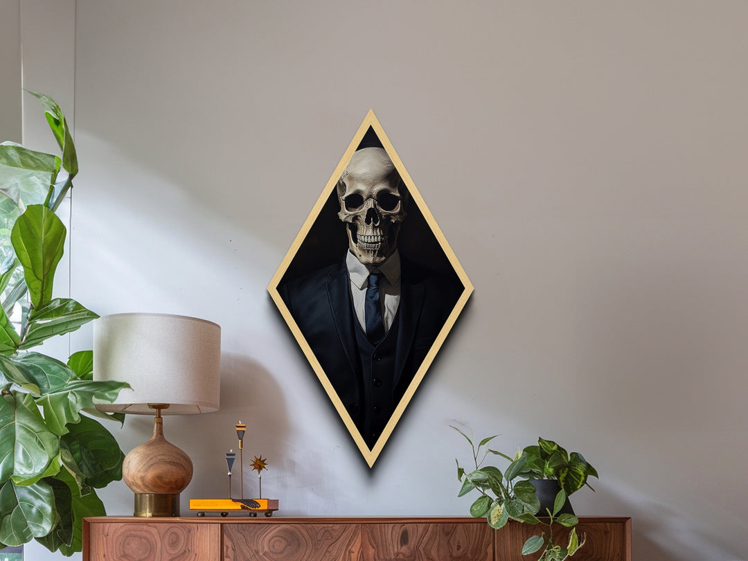 "Death in a Suit" Skeleton in Business Attire Canvas Embossed Print, Dark Academia Diamond Shaped Art for Gothic Office or Halloween Wall Decor