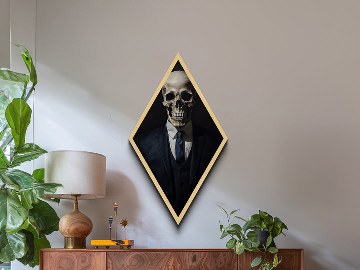 "Death in a Suit" Skeleton in Business Attire Canvas Embossed Print, Dark Academia Diamond Shaped Art for Gothic Office or Halloween Wall Decor