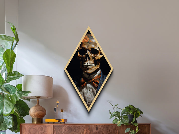 "Florals for the Dead" Skeleton with Flowered Skull and Pumpkin Bowtie Canvas Art Print, Diamond Shaped Halloween Decor in Gothic Baroque Style