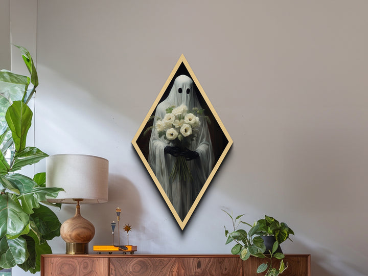 "Ghost with Flowers" Diamond Shaped Art Spirit Holding White Bouquet Canvas Art Print, Gothic Halloween Decor in Dark Academia Romantic Style
