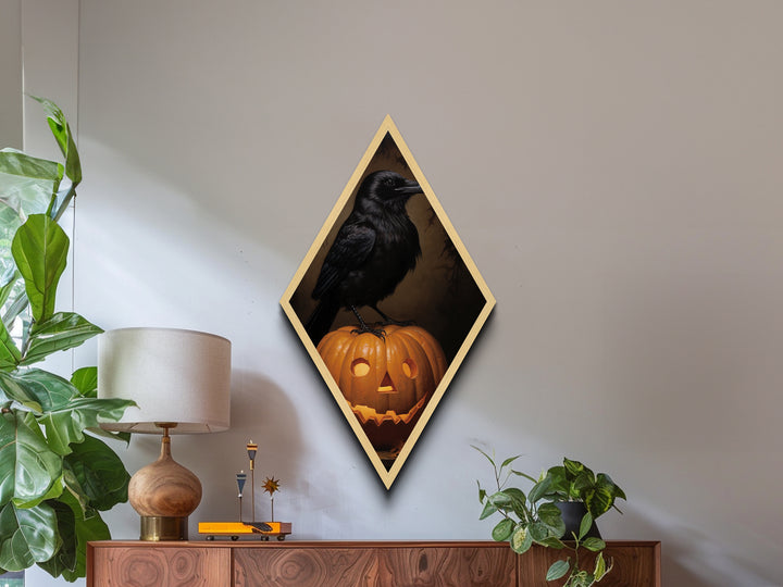 "Crow and Lantern" Gothic Halloween Crow on Pumpkin Canvas Embossed Print, Diamond Shaped Art for Dark Academia or Spooky Autumn Wall Decor
