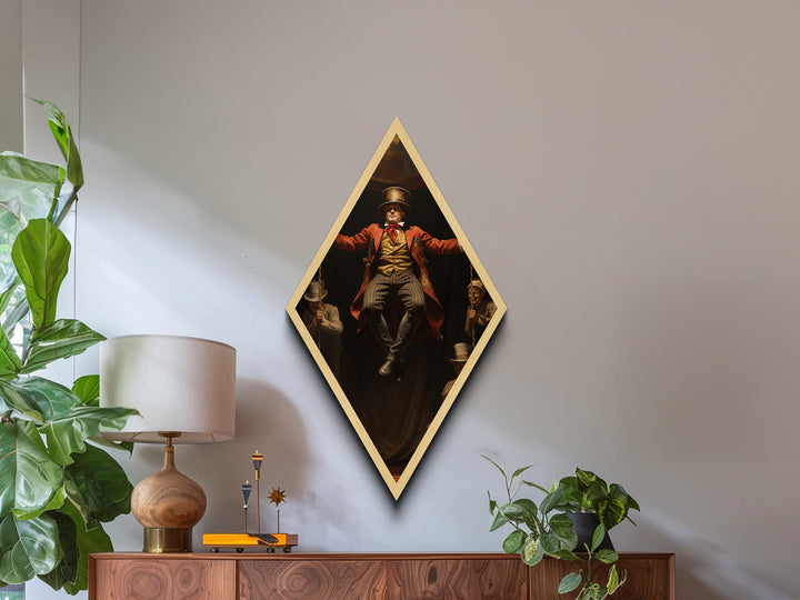 "Midair Proclamation" Victorian Ringmaster in Flight Canvas Art Print, Diamond Shaped Dark Academia Decor for Haunted Circus Halloween