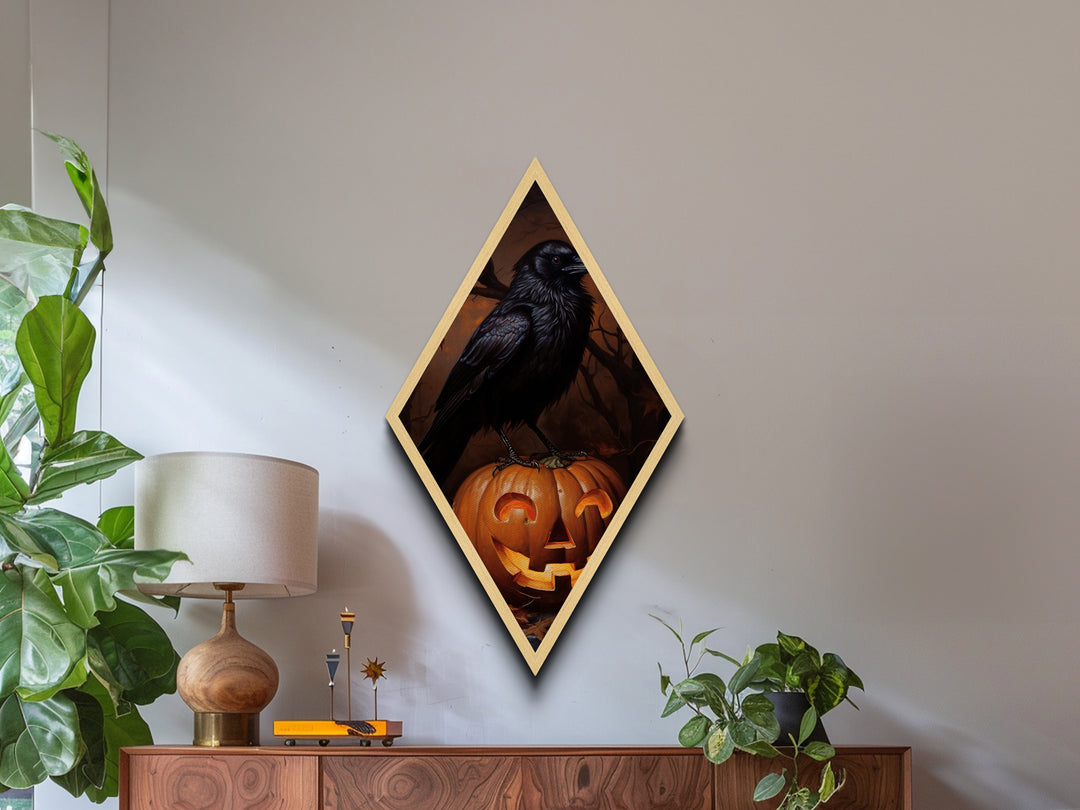 "Cackle Lantern" Gothic Crow and Glowing Jack-O'-Lantern Canvas Embossed Print, Diamond Shaped Art for Dark Halloween and Autumn Vibes