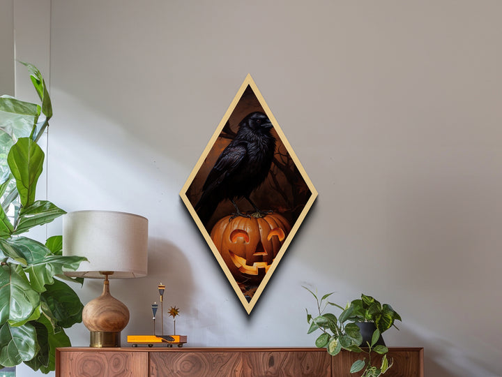 "Cackle Lantern" Gothic Crow and Glowing Jack-O'-Lantern Canvas Embossed Print, Diamond Shaped Art for Dark Halloween and Autumn Vibes