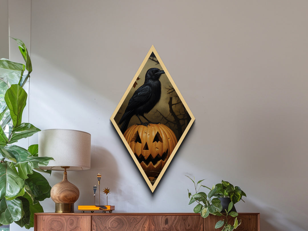 "Nevermore Pumpkin" Diamond Shaped Art of Crow on Pumpkin Canvas Art Print, Moody Halloween Wall Decor for Gothic and Dark Academia Homes