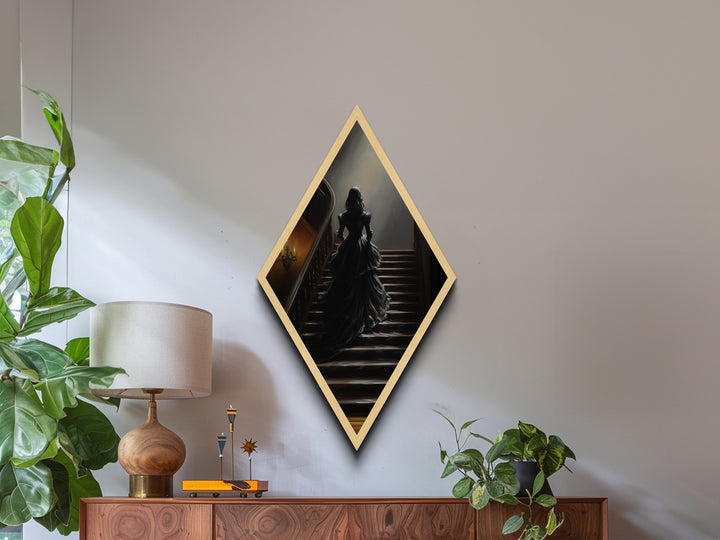 "Echoes Upstairs" Diamond Shaped Art of Victorian Woman Ascending Stairs Canvas Art Print, Gothic Haunted House Halloween Wall Decor