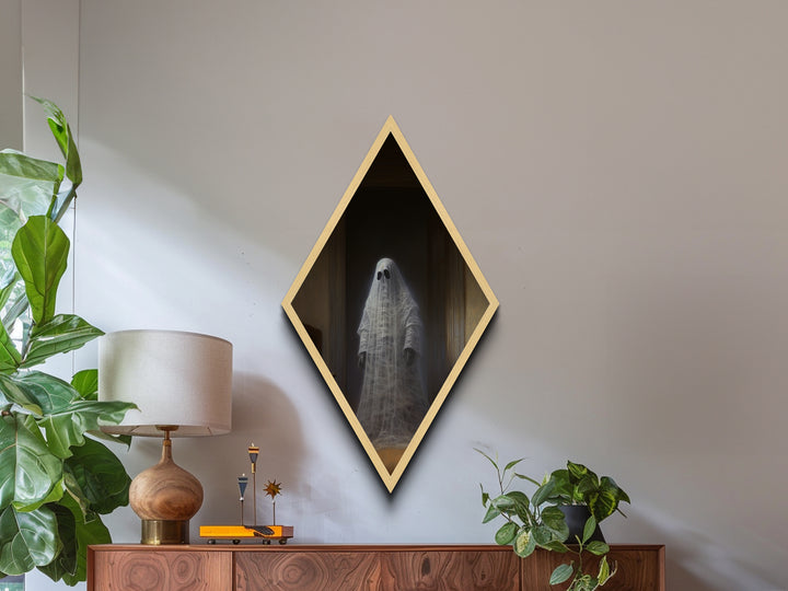 "The Hallway Pause" Diamond Shaped Art of Ghost in Doorway Canvas Art Print, Gothic Halloween Decor with Dark Academia Haunted House Vibes
