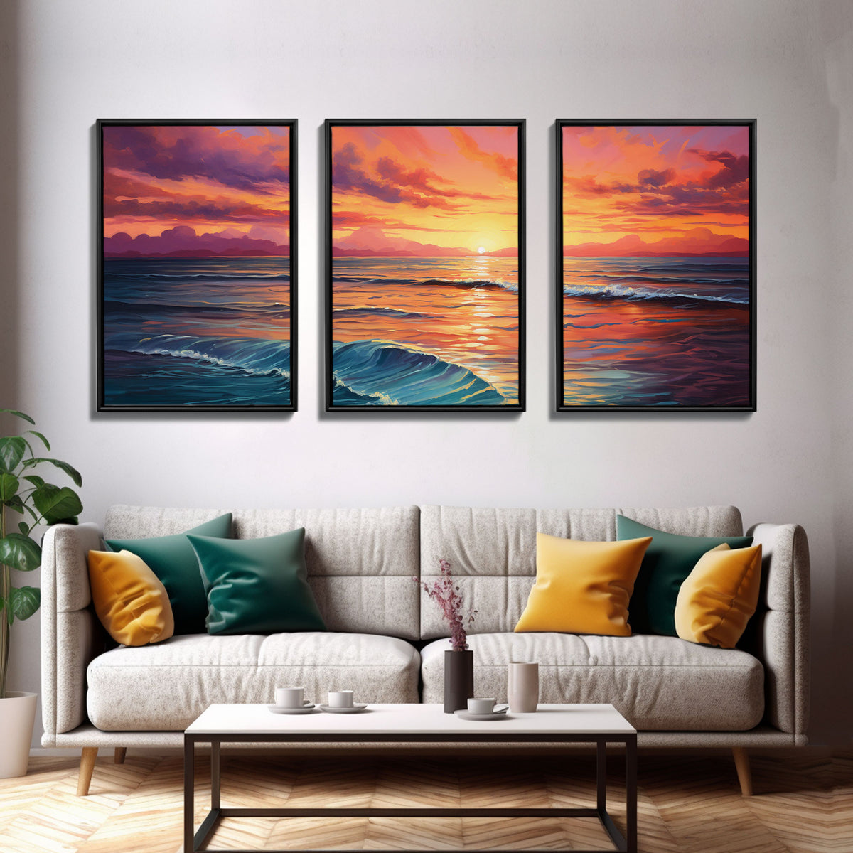 Beautiful Watercolor Panoramic Beach Landscape Canvas Print | Perfect for Home Decor | Whimsical Beach House Decor | 3 Piece Wall Art