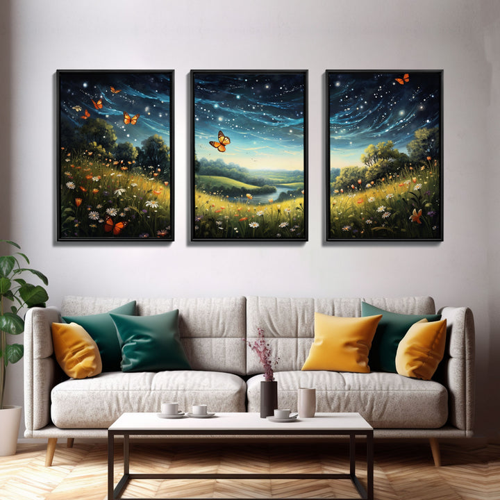 Wildflower Meadow. Wildflower Art, Canvas Print, Butterflies, Wall Art, 3 Piece Wall Art, Country Home Decor, Indie Room Decor, Room Decor