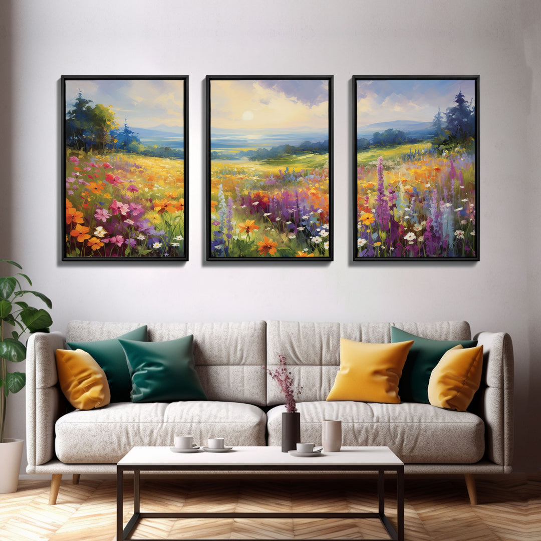 Beautiful Wildflowers Triptych, Wild Flower Art, Watercolor Floral Framed Canvas Print, Wall Art, Rustic Farmhouse Decor, 3 Piece Set