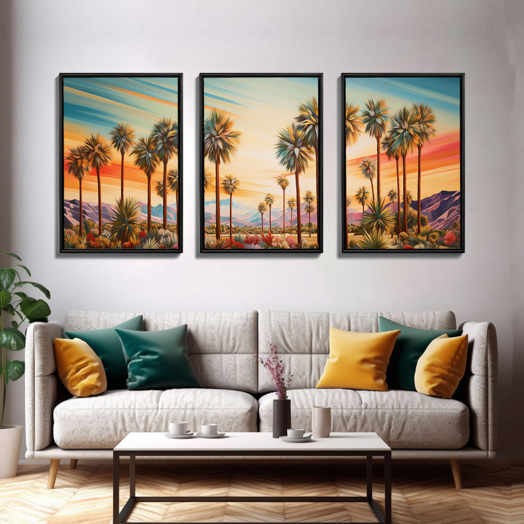 Retro Vibes, Arizona Desert Sunset, Framed Canvas Prints, 3 Piece Wall Art, Arizona Desert, Vintage Style Landscape Art, Southwestern Decor