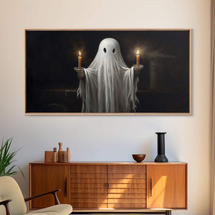 Cute Ghost Holding Candles, Framed Canvas Print, Dark Academia Wall Art, Victorian Oil Painting Style Halloween Wall Art, Ghost Print