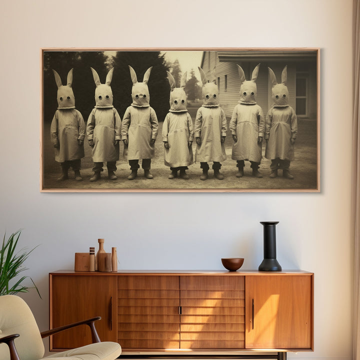 Cult Of The Bunny, Creepy Halloween Trick Or Treaters, Framed Canvas Print, Vintage Tintype Photography Art, Halloween Art Print