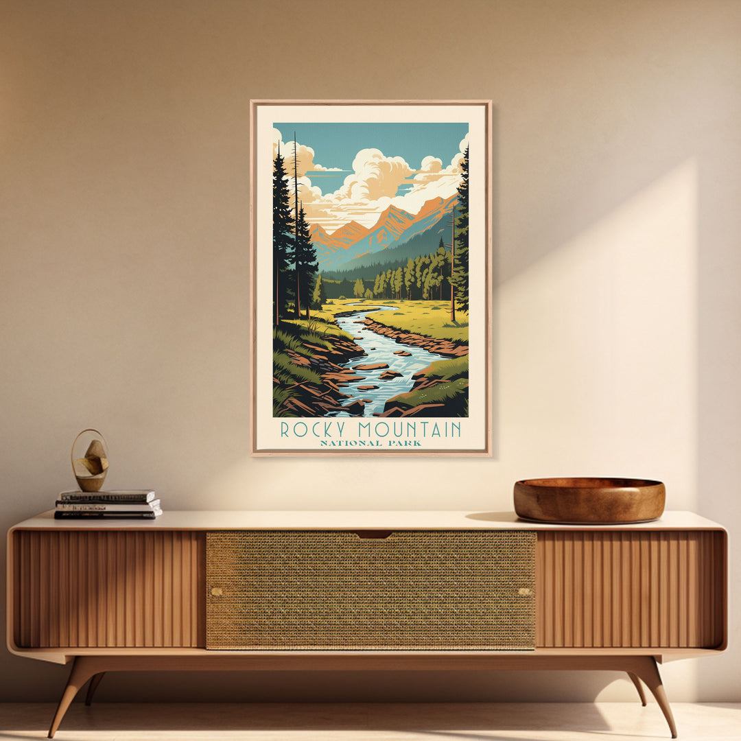 Rocky Mountains National Park Colorado Travel Art, National Park Print, Minimalist Travel Art, Midcentury Modern Style Landscape Painting