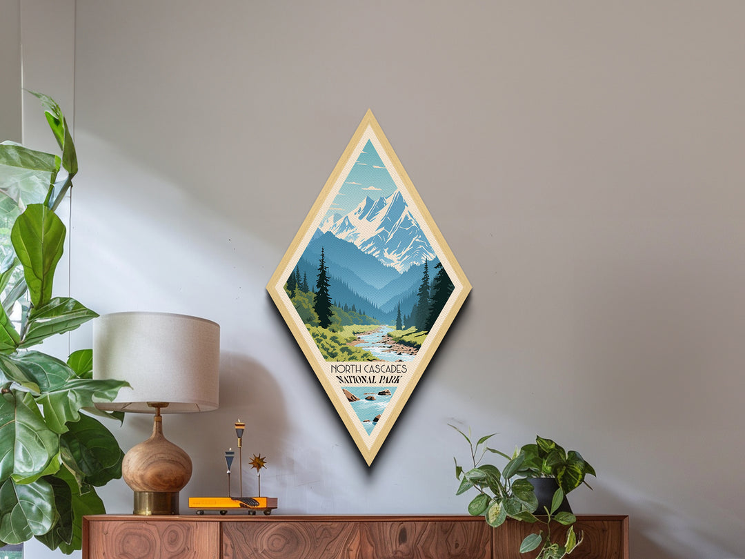 North Cascades National Park Diamond Shaped Travel Poster Canvas Art Print, Canvas Wall Art, Travel Gift, Washington Travel Art