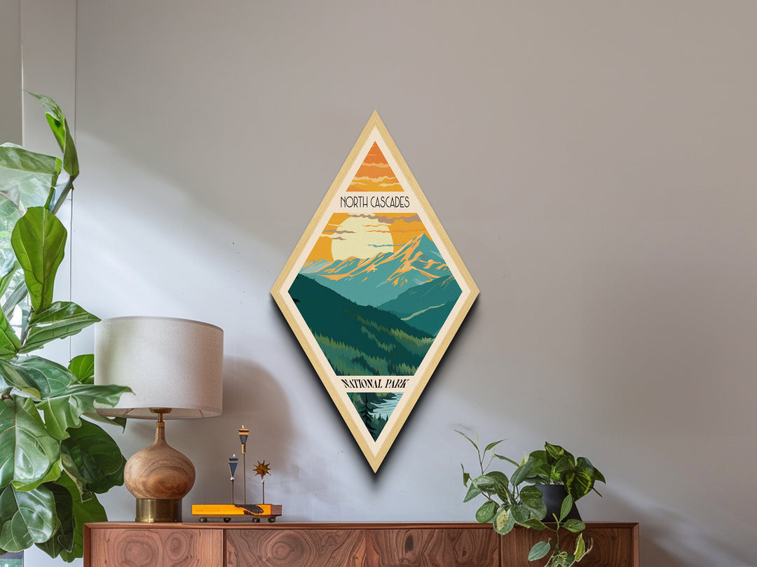 North Cascades National Park Diamond-Shaped Adventure Poster Canvas Art Print, Canvas Wall Art, Travel Present, Washington Travel Art