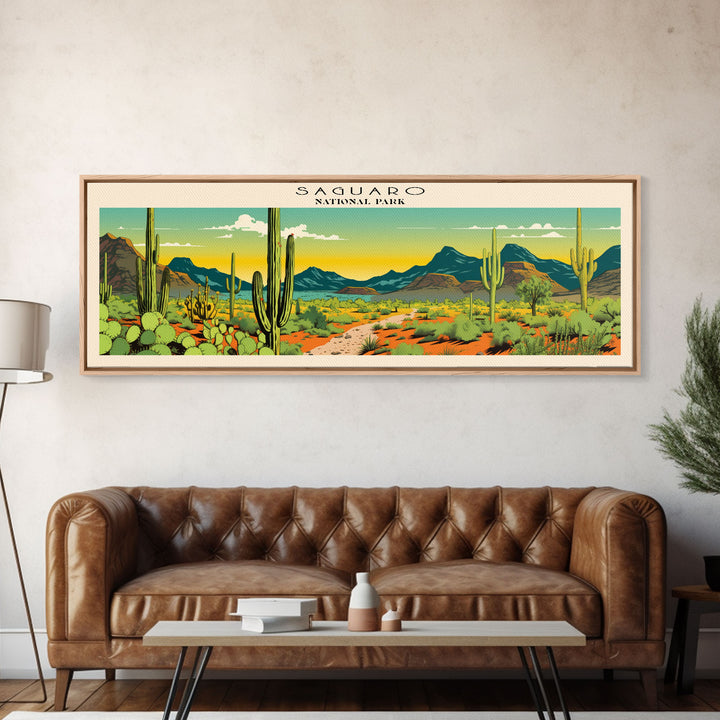 Saguaro  National Park Panoramic Arizona Travel Art, National Park Print, Minimalist Travel Art, Subdued Watercolor Painting Panoramic