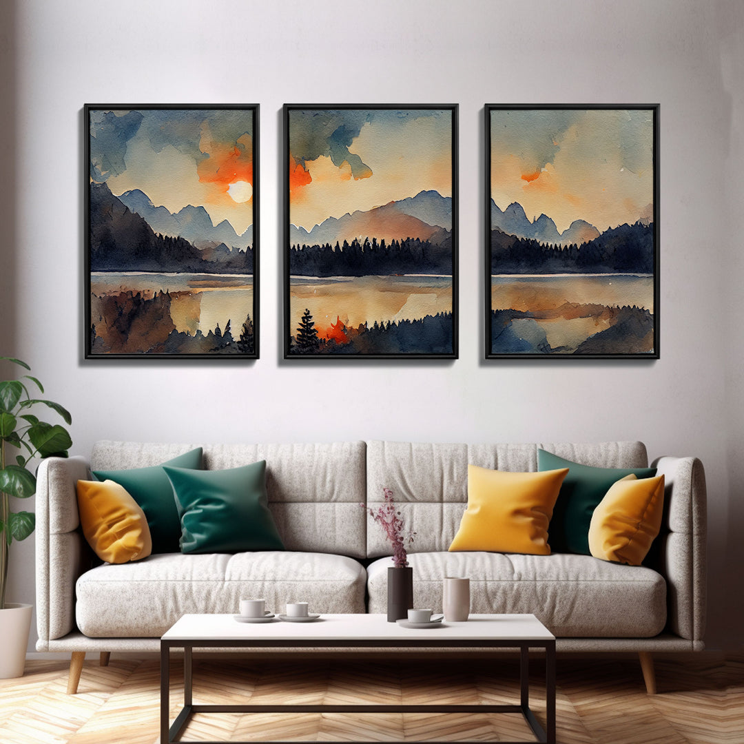 Watercolor Painting Of A Sunrise, Orange Forest and Mountain Landscape, 3 Piece Canvas Decor, 3 Piece Wall Art, Ready To Hang Canvas Prints