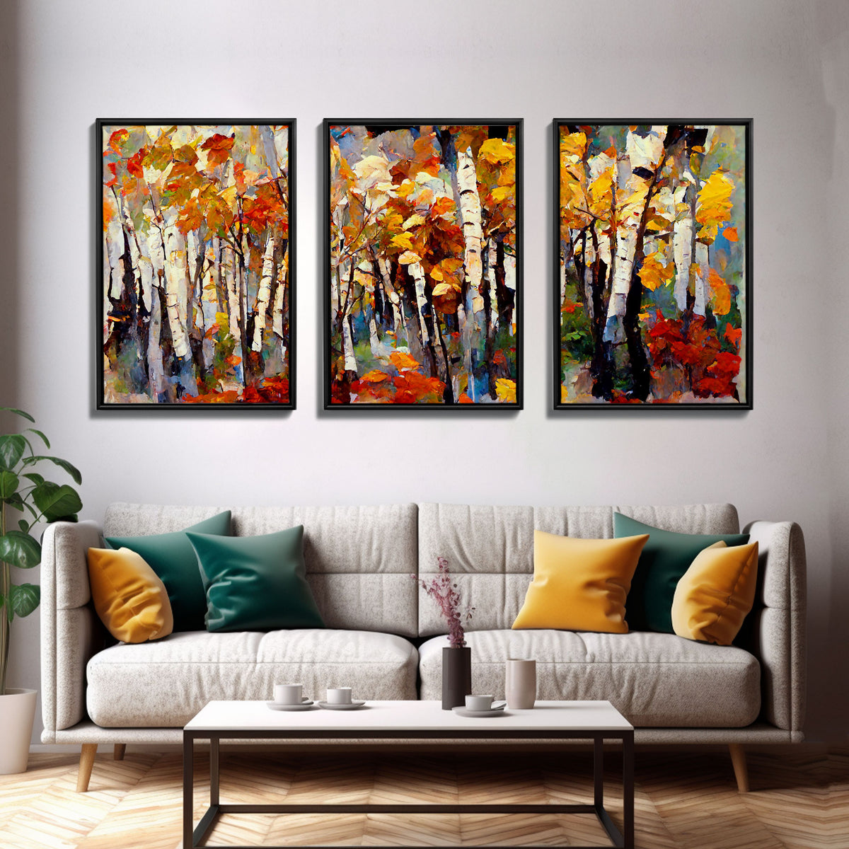 Birch Forest Watercolor, Birch Trees, 3 Piece Wall Art, Ready To Hang Canvas Print, Beautiful Living Room Wall Art Decor