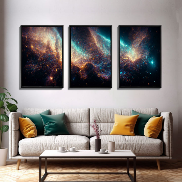 Galaxy of Stars, Scifi, String Theory, 3 Piece Wall Art, Ready To Hang Canvas Print, Cool Living Room Wall Art Decor