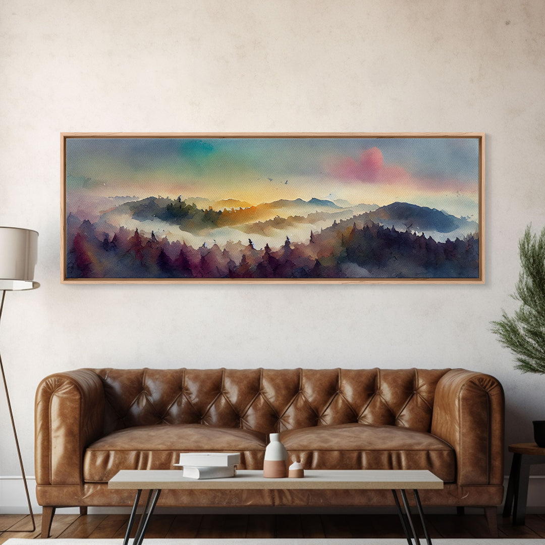 Dramatic Watercolor Sunset Landscape, Ready To Hang Canvas Print, Panoramic, Emerald Green Landscape Wall Decor, Watercolour Painting