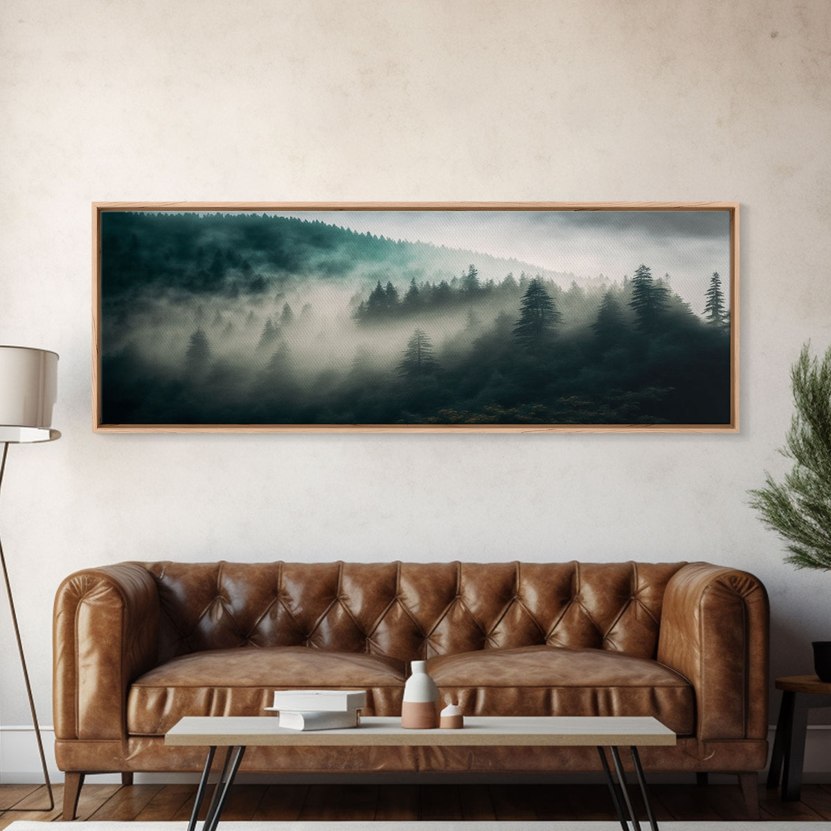 Panoramic watercolor of a misty forest fog, wall art, framed canvas print, farmhouse decor, foggy pine tree forest landscape, cabin art