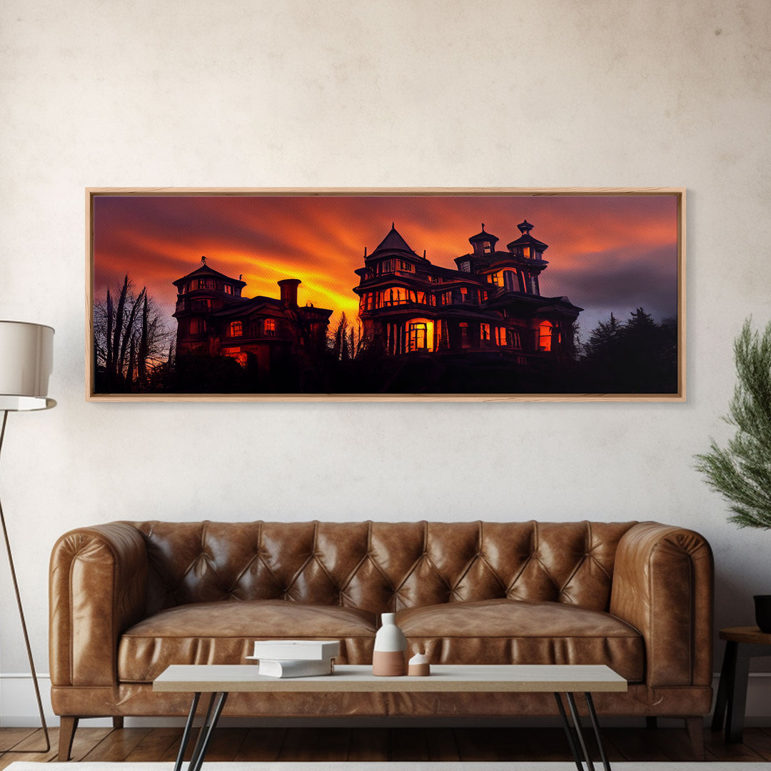 Spooky Victorian Haunted House, Panoramic Wall Art Canvas Print, Ready To Hang, Creepy Wall Decor, Gloomy Art, Scary Halloween Wall Decor