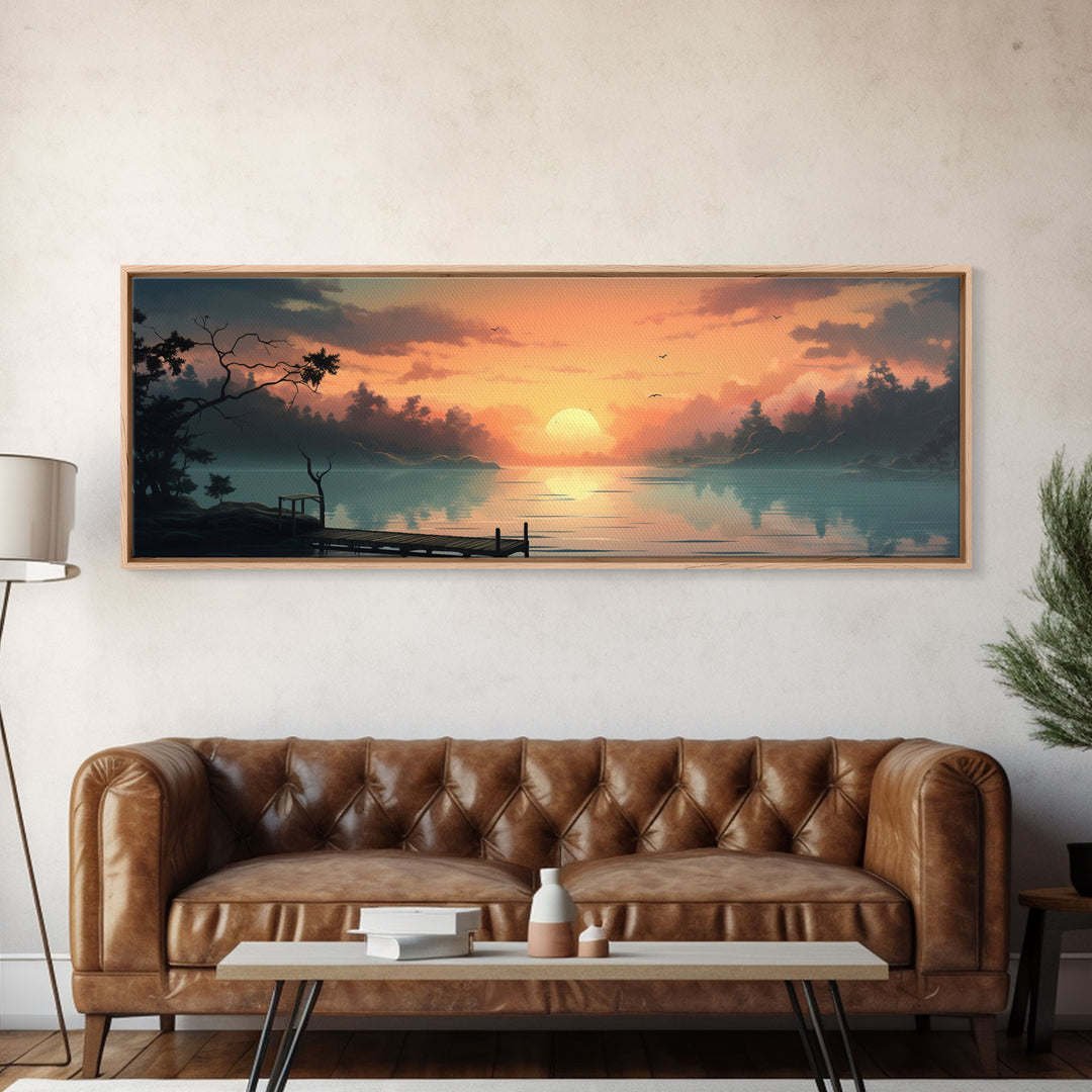 Custom Lakehouse Wall Art Framed Canvas Print, Gift For Him / Her, Lake House Decor, Watercolor Painting Of A Sunset Over The Lake